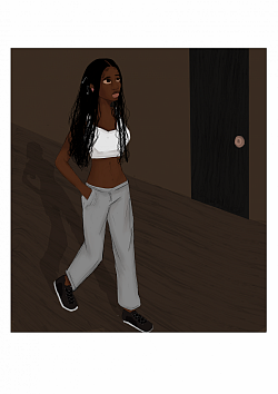 Isabella Black, an African American author walks the corridor of her apartment building.
